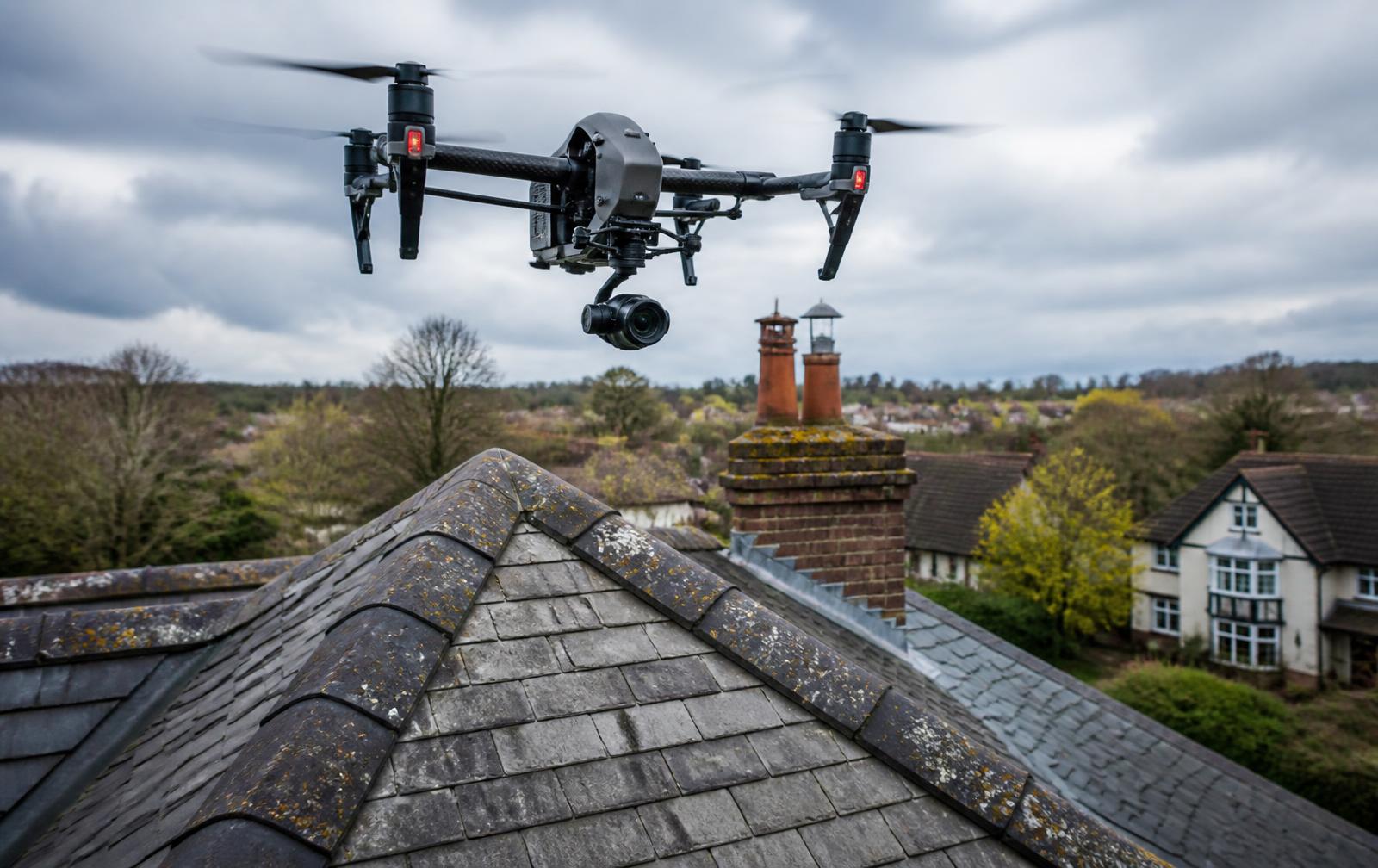 Survey drone flying above a slate roof and chimney during a roof inspection